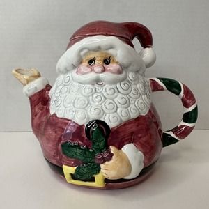 Wang International Vintage Ceramic Christmas Jolly Claus w/Lid Holly Teapot